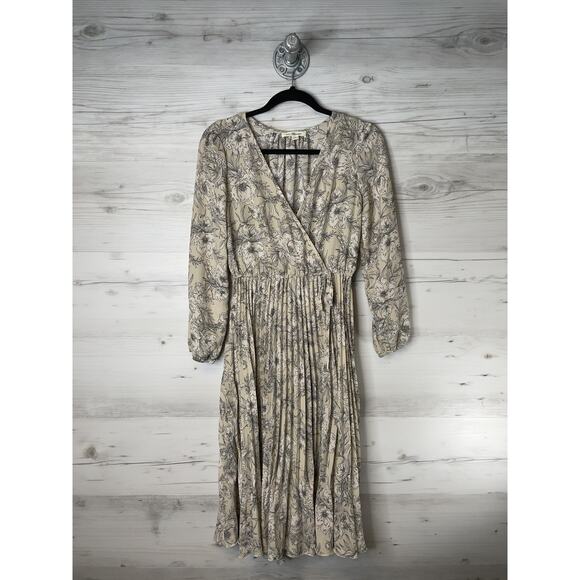 Iris Bloom Dress Womens Small Beige Floral Pleated Midi Surplice V Neck Wrap - Picture 1 of 9